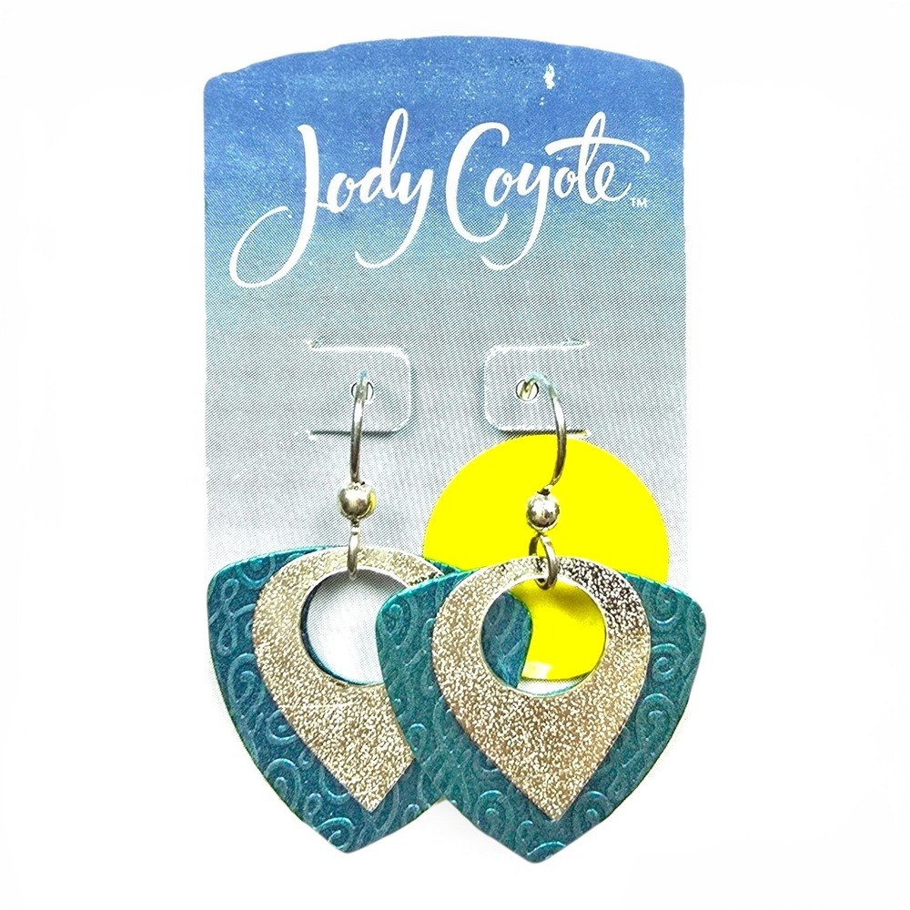 Jody Coyote Teal Silver Mixed Metal Scroll Drop Earrings Sterling Silver Wires